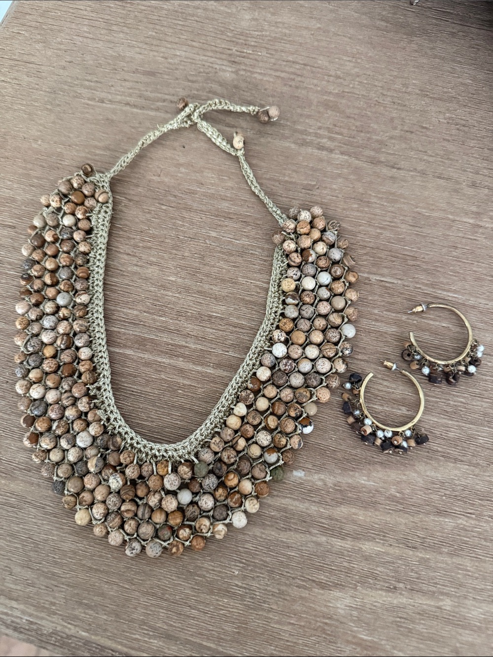 Handcrafted Brown Beaded Statement Necklace with Matching Hoop Earrings